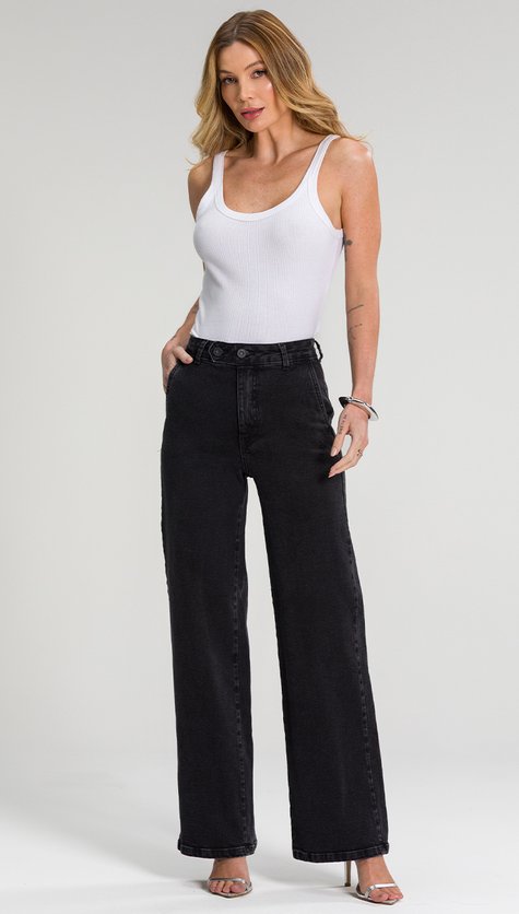 Calça Jeans Feminina Wide Leg Preta Estonado Bolso Faca